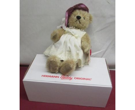 Hermann Teddy Original  'Lady Ascot' teddy bear in blonde mohair with cream dress, bonnet and pearl necklace, Limited Edition