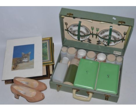 Sirram cased picnic set, unsized pair of c.1960's Roberto Vianni ladies shoes, collection of prints 