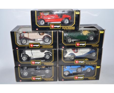 7 boxed 1:18 scale diecast model cars from Burago, including 1931 Alfa Romeo 8C 2300 Monza, Jaguar SS100 1937, Mercedes Benz 