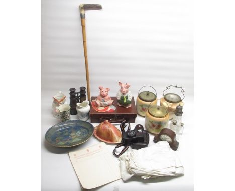 C20th oak cased bedroom clock with oval white enamel dial, 2 NatWest Wade piggy banks, Nikon L35AF2 camera with carry case, c