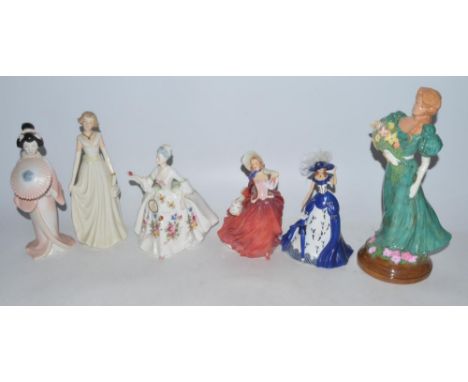 Royal Doulton Autumn Breezes, Rowena, Diana figures etc., Lladro, Nao and ceramic dogs, ceramic donkey, pheasant egg cup (A/F