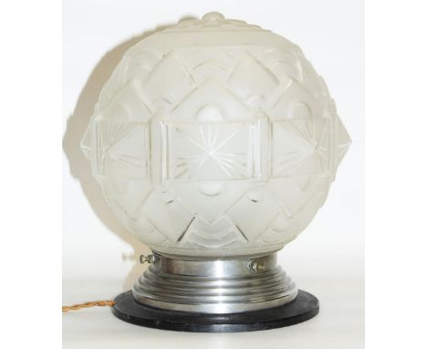 Art Deco table lamp with frosted shade, Bakelite and stepped chrome base, H26cm 