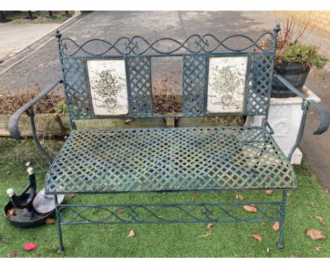 C20th metal folding garden bench, back decorated with fruit tree and a plant pot W122cm D55cm H92.5cm 
