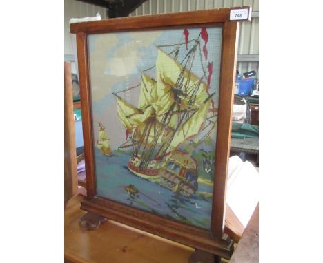 Fire screen with quilt work study of a frigate W55.4cm X H67.5cm 