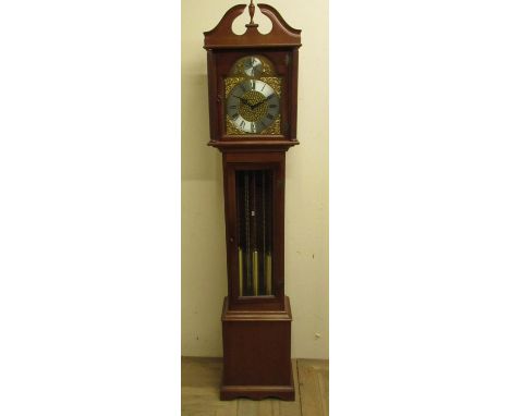 Small contemporary German longcase clock, brass break arch dial with silvered chapter ring 'Tempus Fugit' 3 train weight driv