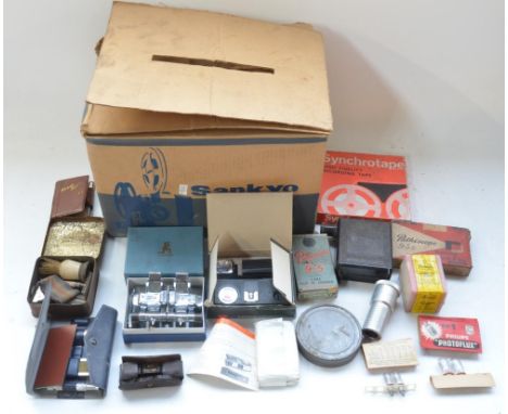 Collection of vintage photographic and film equipment including Sankyo Dualux 1000 Super 8 dual format projector, Micro Magic