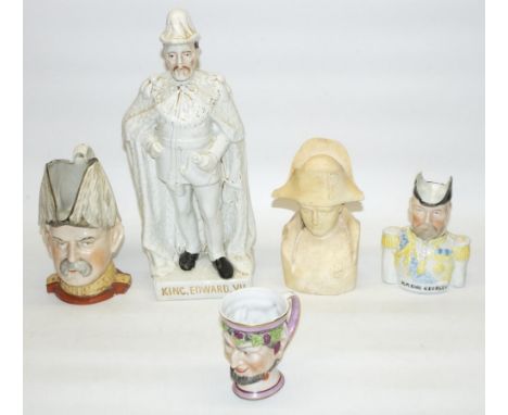 C19th continental porcelain wine cup modelled as the god Bacchus, H10cm, character jug modelled as a military officer wearing