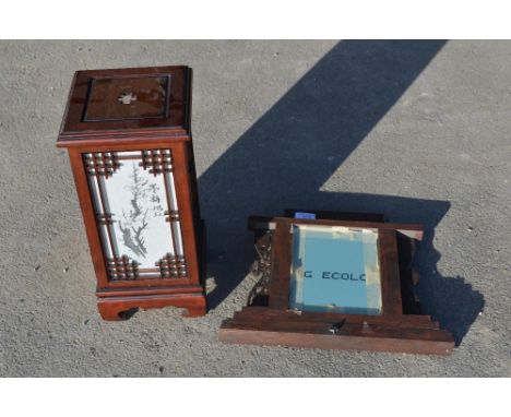 Chinese wall mirror with fret carved frame with scroll and floral detail, W37cm H33cm, Chinese style wooden table lamp with f