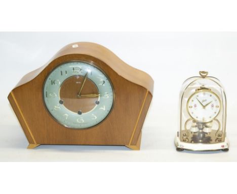 1960's Smith's teak cased Westminster chiming mantel clock with applied chapter ring, three train movement with floating susp