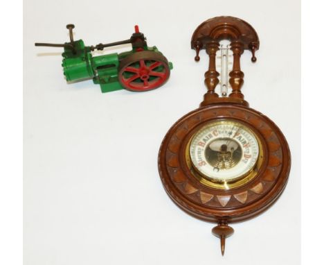 Late C19th continental walnut cased aneroid barometer and thermometer, in carved case, overall H40cm, Stuart single cylinder 