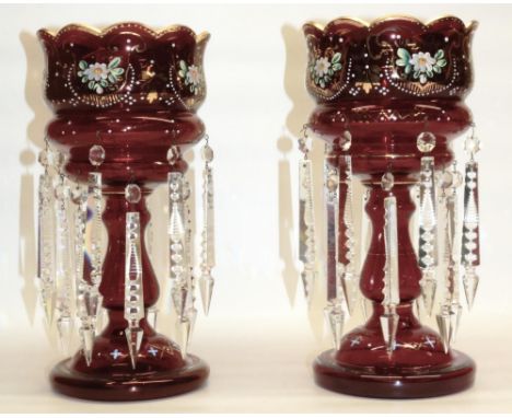 Pair of late C19th continental Ruby glass lusters, hand enamel floral decoration with gilt highlights and faceted tapering dr