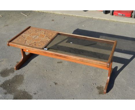 1970's G plan teek occasional table with off set tile and glass top 120cm X 49.5cm x H44cm 