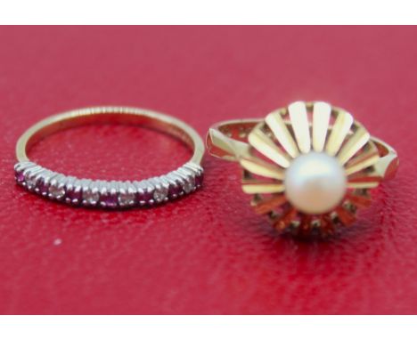 9ct yellow gold ring set with pearl, stamped 375, size L, and a 9ct yellow gold ring set with diamonds and rubies, stamped 37