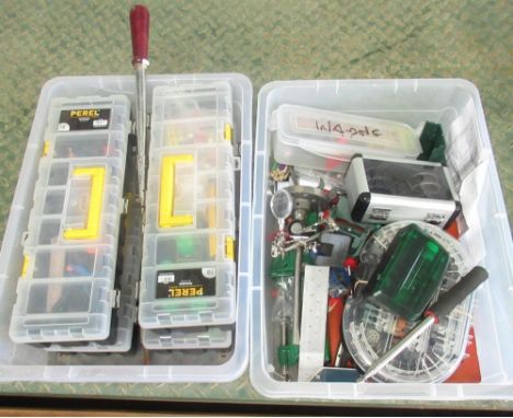 Assorted hobby related items including drill bits, vices, microscope, glue, paint brushes, used Humbrol enamel paint (2 boxes