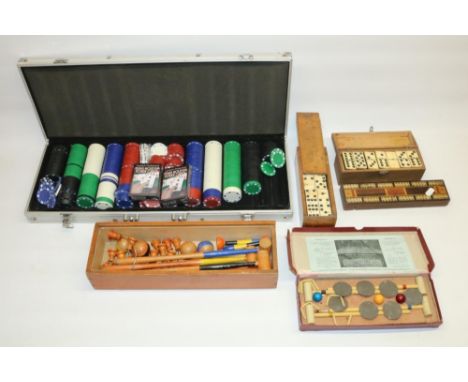 Bussey's Table Croquet game, boxed, mid C20th table croquet game, two sets of boxed bone dominoes with brass spinners, early 