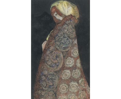 Annie French (British, 1872-1965)Lady in cloakink, watercolour and gouache 21.2 x 12.7cm (8 3/8 x 5in).there is a further ink