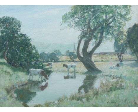 John Smellie (British, 1886-1925)Sunlit Meadows, Callander signed 'John Smellie' (lower right), titled to label (verso)oil on