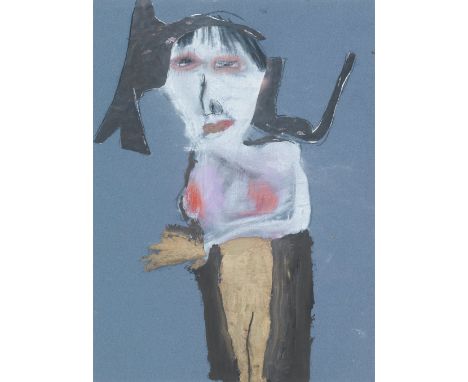 Pat Douthwaite (British, 1934-2002)Priestess figure in gold trousers collage and mixed media on blue paper65 x 50cm (25 9/16 
