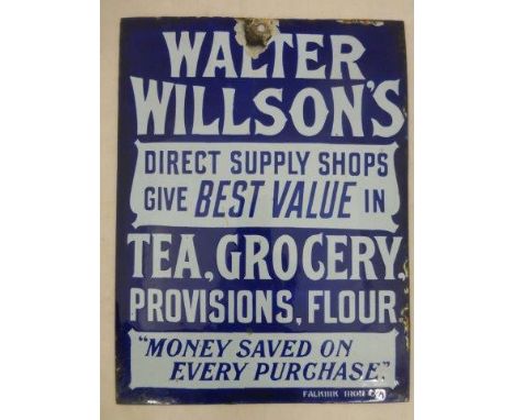 A Walter Willson's enamel sign advertising tea, grocery, provisions and flour, by Falkirk Iron Co. 9 x 12".