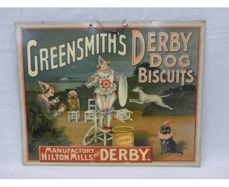 A Greenmith's Derby Dog Biscuits pictorial showcard depicting a scene of two clowns and three dogs by R. Allen & Son Ltd. Not