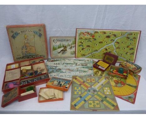 A selection of Edwardian and later board games including 'The Britannia Compendium of Games' by Chad Valley, 'Coasting', etc.