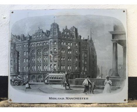 A rectangular black and white Midland Railway enamel sign depicting the Midland Hotel, Manchester, with three small areas of 