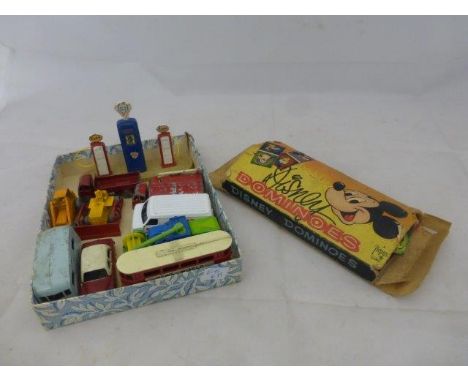 A small quantity of Lesney die-cast models, petrol pumps etc; also a boxed set of Disney Dominoes by Pepys.