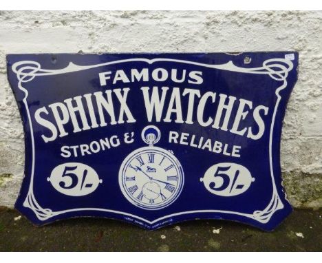 A Famous Sphinx Watches double sided shaped hanging enamel sign in near mint condition by Patent Enamel, 23 1/2 x 15". 