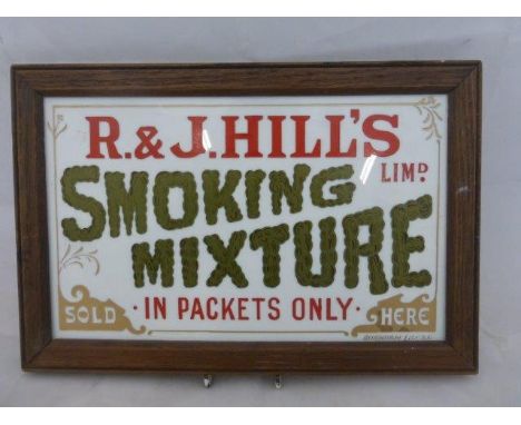 An oak framed milk glass sign advertising R.&J. Hill's Limd. Smoking Mixture by Burnham, 13 1/4 x 9". 