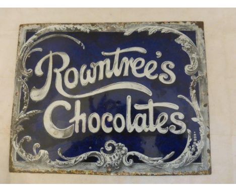 A Rowntree's Chocolates ornately decorated enamel advertising sign with some restoration, 13 1/2 x 10 3/4". 