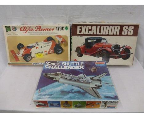 A Protar 1 /12 th scale Alfa Romeo 179C model, a Bandai 1/12 th scale Excaliber SS and a Monogram 1/72 scale space shuttle of