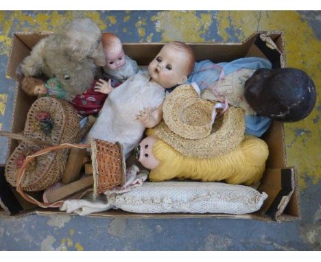 A box of assorted dolls and soft toys, including a Magic Roundabout model of Dougal.