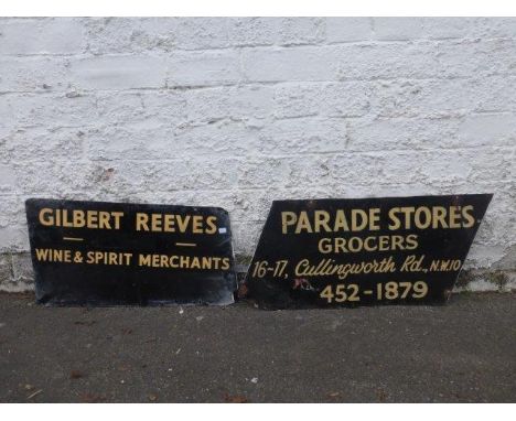 Two early delivery bicycle advertising signs, 'Parade Stores Grocers', 21 1/2  x 11 1/4" and Gilbert Reeves Wine & Spirit Mer