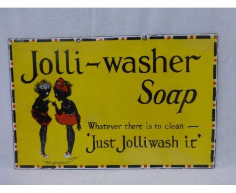 A double sided enamel advertising sign for Jolli-washer Soap, one side pictorial depicting 'the Jollikins', signed H. Cowham,