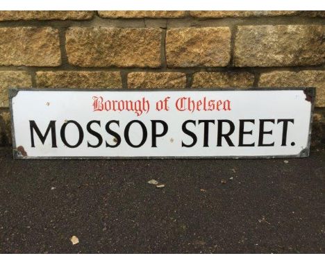 An enamel road sign: Borough of Chelsea - Mossop Street held within a lead frame, 43 1/4 x 10 1/4".