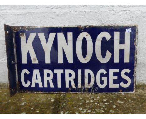 A double sided enamel sign with hanging flange, to one side advertising Kynoch Cartridges, KSG Powder to the other, 16 x 9". 