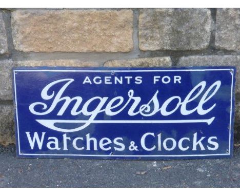 An Ingersoll Watches and Clocks rectangular double sided enamel sign, with some restorations to one side, 28 x 12". 