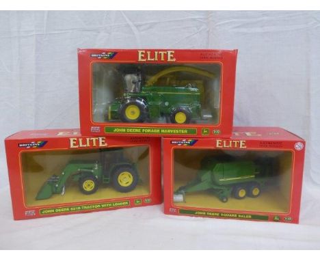 A boxed Britains John Deere 6210 tractor with loader, a John Deere Forage Harvester and a John Deere Square Baler.