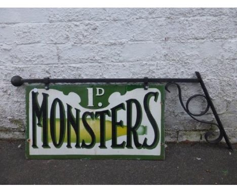 A Monsters Lemonade pictorial double sided enamel sign on metal hanging bracket, with creasing and restoration, 24 x 13". 