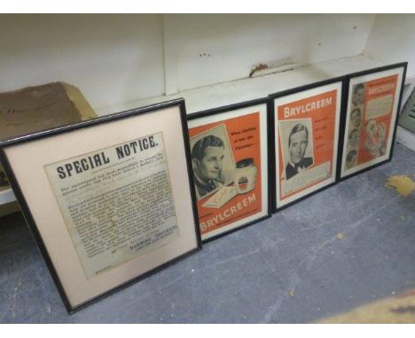 Yesterday's World Museum Barbers - three framed and glazed Brylcreem advertisements and a Harding Brothers Army and Navy Barb