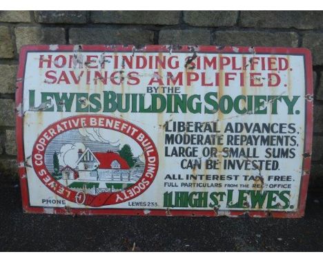 A Lewes Building Society part pictorial enamel sign, 50 x 30".