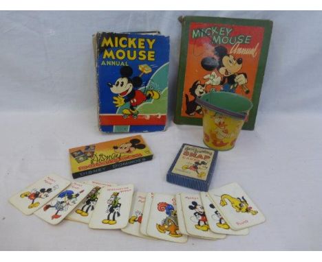 A Mickey Mouse Annual with dedication from 1931 inside, a Chad Valley pack of Snap cards, Walt Disney related, a pack of Disn