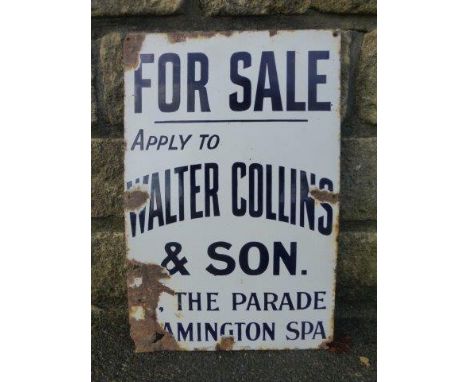 A Walter Collins & Son. of Leamington Spa 'For Sale' enamel advertising sign by Patent Enamel, 12 1/2 x 19". 