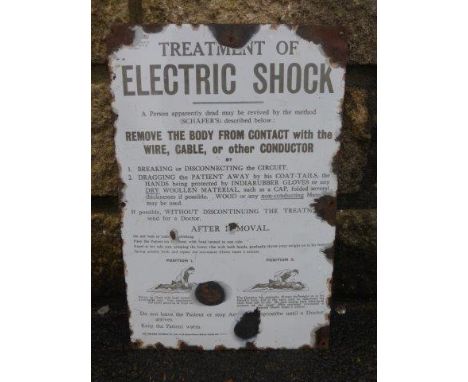 An unusual enamel sign detailing the treatment of electric shock, 10 x 15". 