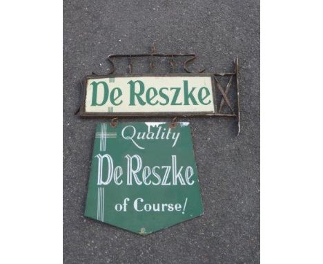 A two piece enamel sign advertising 'De Reszke' with hanging 'Mine's a Minor' attachment. 