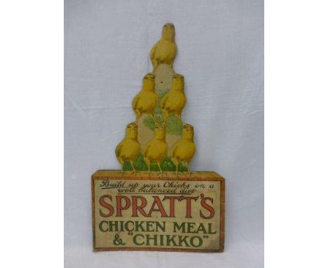 A rare Spratt's Chicken Meal & Chikko shaped showcard depicting a pyramid of six chickens, 14 1/2 x 24". 