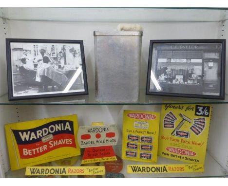 Yesterday's World Museum Barbers - four shaving related showcards, two framed and glazed images of barber shops, a neck cotto