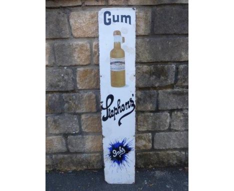 A Stephens' Inks & Gum narrow part pictorial enamel sign with bottle image, numerous retouched areas particularly to the whit