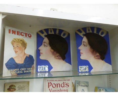 Yesterday's World Museum Hairdressers - two rare Halo hair net dispensing showcards and an Inecto pictorial showcard. 