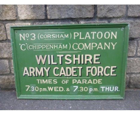 A Wiltshire Army Cadet Force No.3 Platoon 'C' Company (Corsham and Chippenham) wooden sign, 36 x 24".